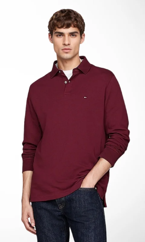 ORIGINAL Men Long Sleeve Cotton Polo Shirts (Burgundy)