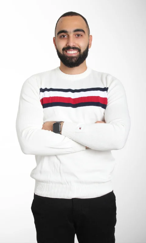 Men Sweater Stripe Crew Neck (White)