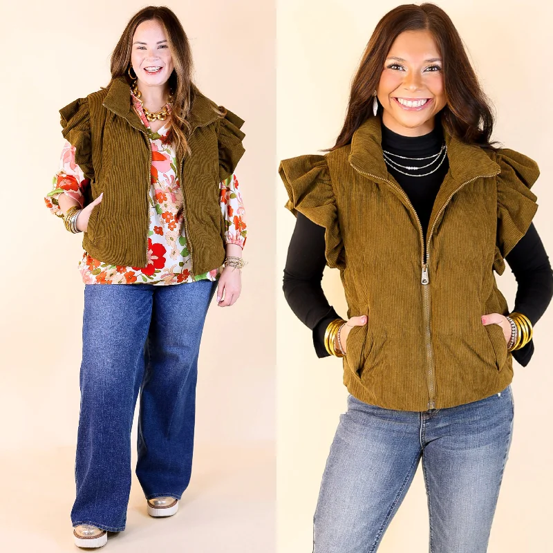 Winter Wanderlust Corduroy Puffer Vest with Ruffle Sleeves in Olive Green